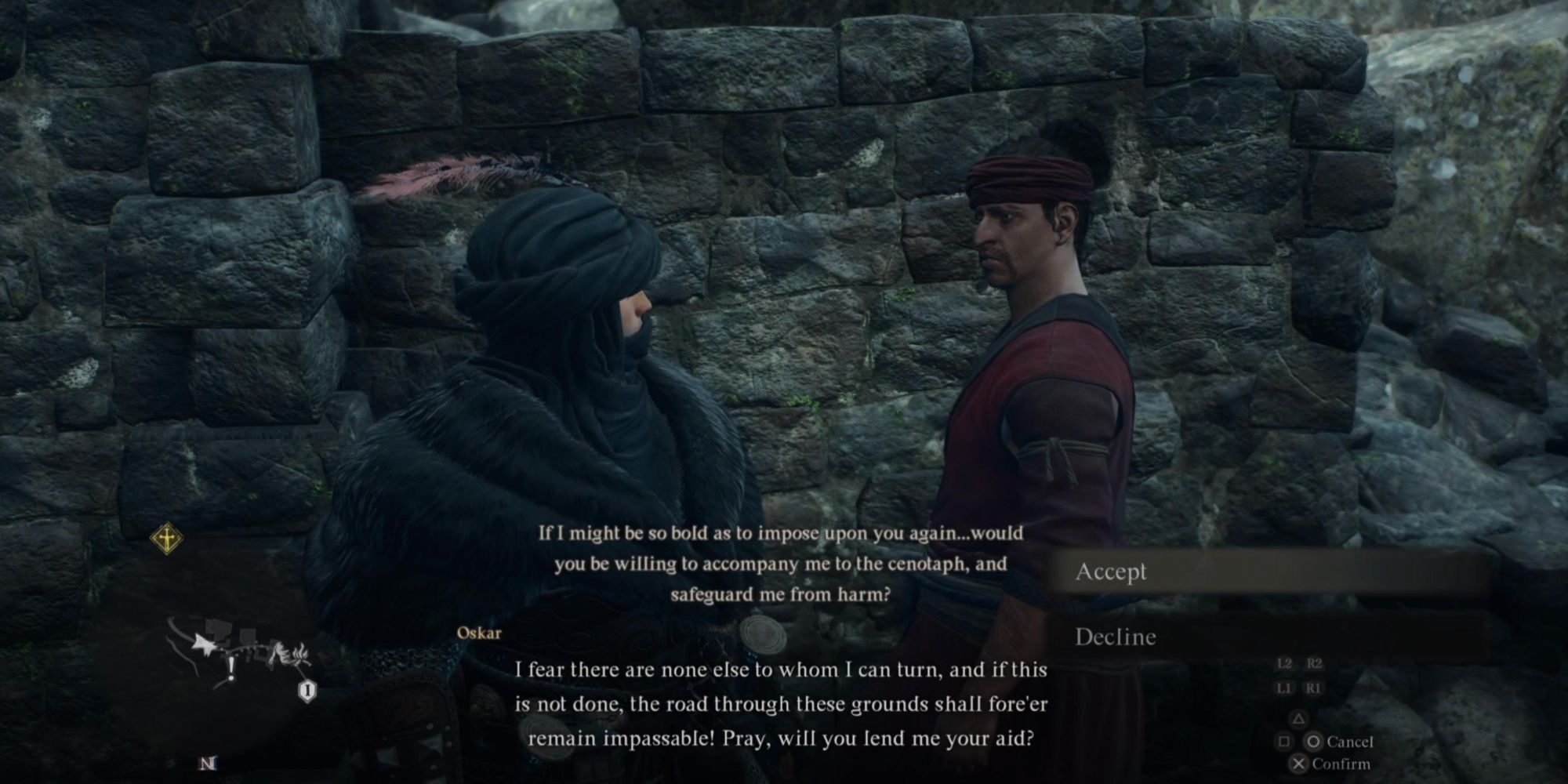 Oskar asking the Arisen to Escort Him in Dragon's Dogma 2