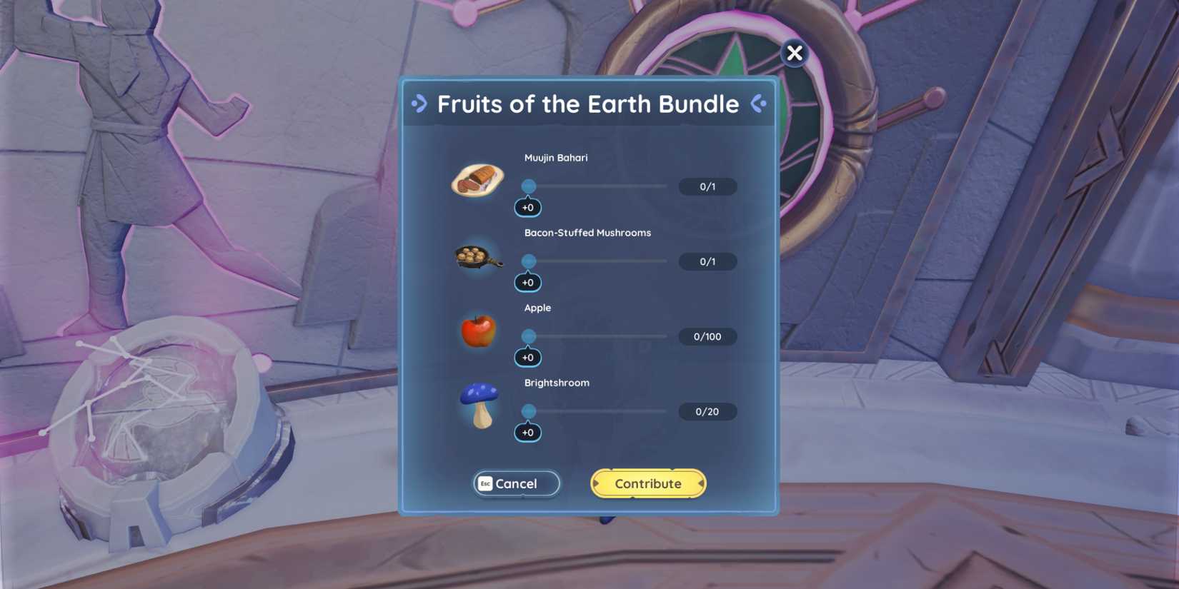 The food and ingredients needed to complete the Fruits of the Earth Bundle for the Vault of the Roots