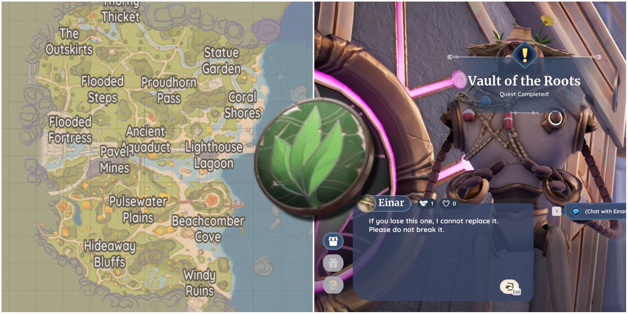 The map of Bahari Bay, a Rootseeker Medallion, and Einar after the completion of the Vault of the Roots