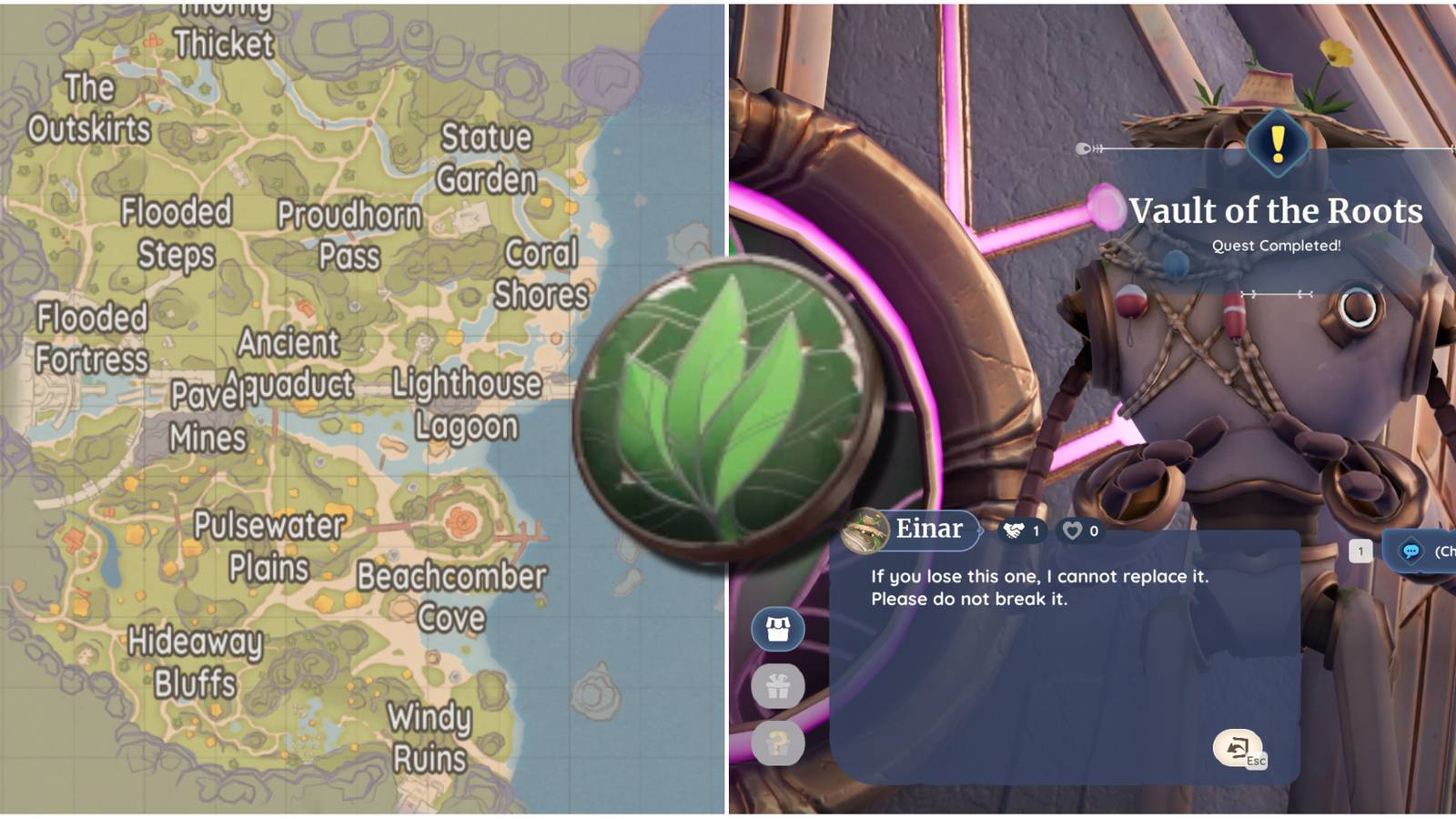 The map of Bahari Bay, a Rootseeker Medallion, and Einar after the completion of the Vault of the Roots