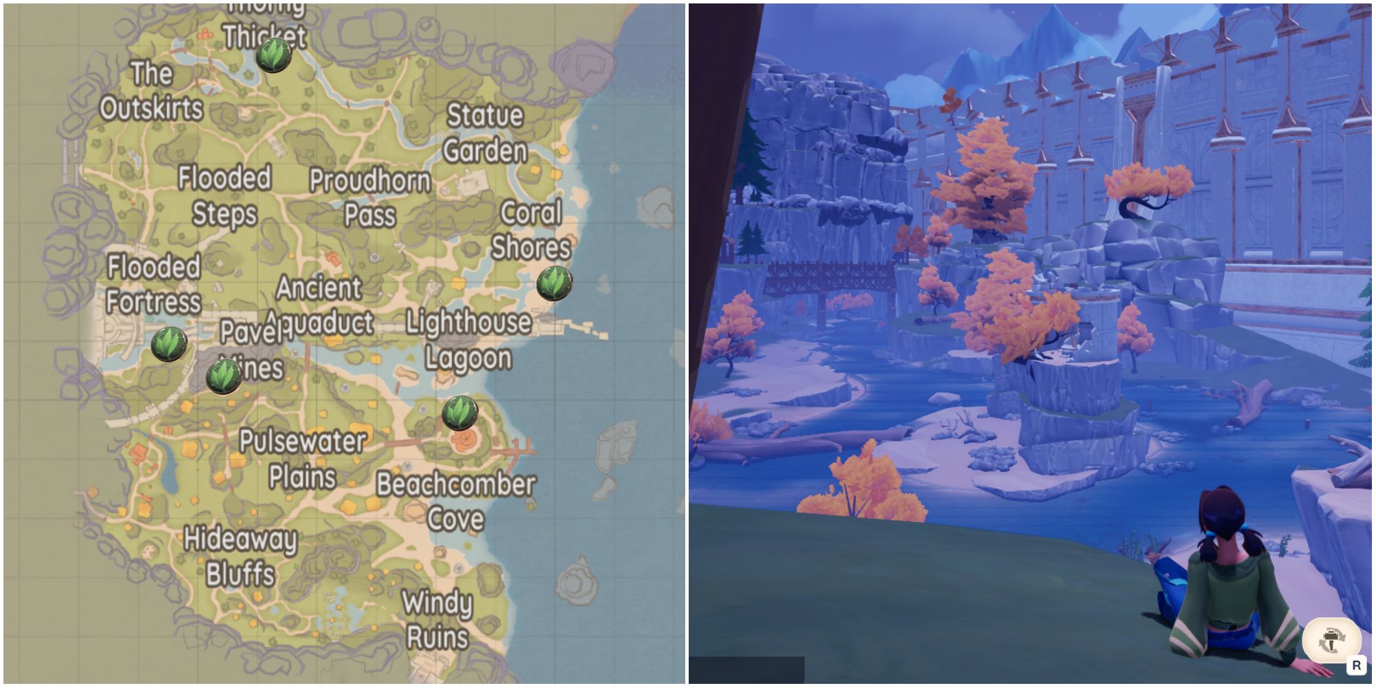 The map of Bahari Bay with rootseeker medallion icons on their hidden locations as well as a character enjoying the view