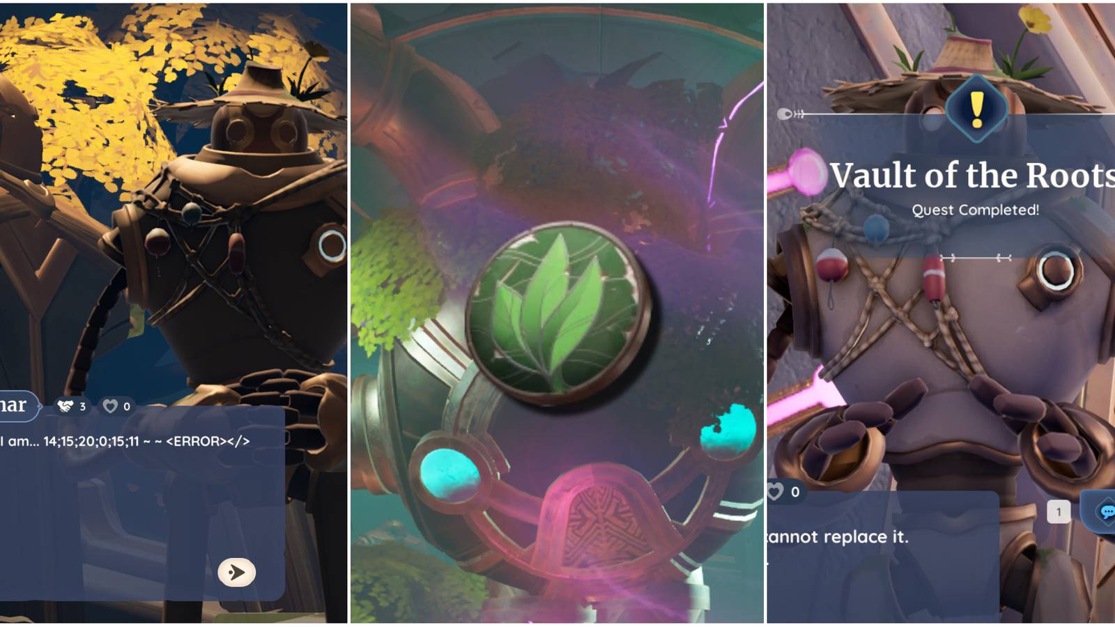 three stills from the Temple Of Roots quest including Einar and The Gardener