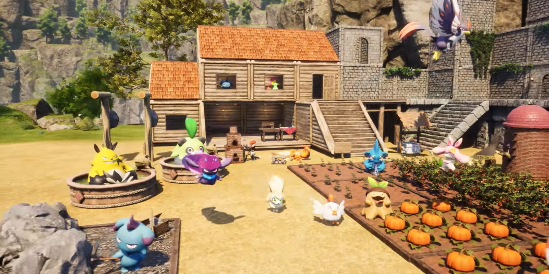 A screenshot from Palworld showing an in-game base with multiple Pals, farms, and houses.