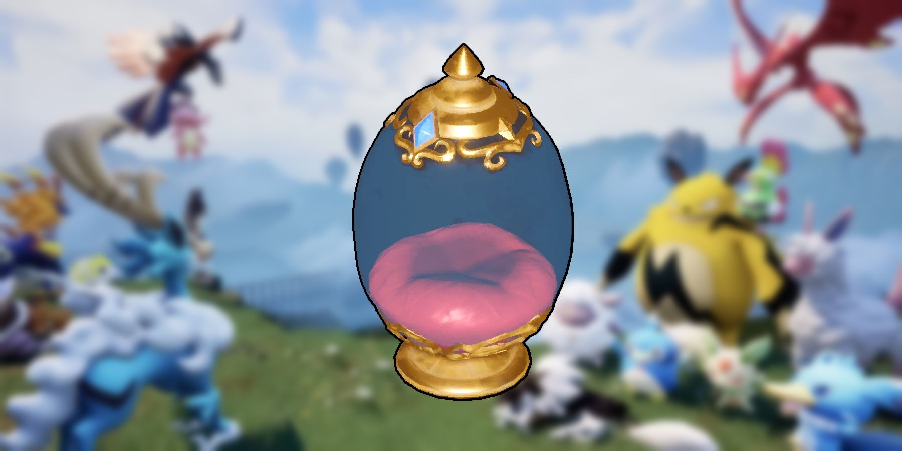 A blurred image of Palworld's key visual with an Egg Incubator on top.