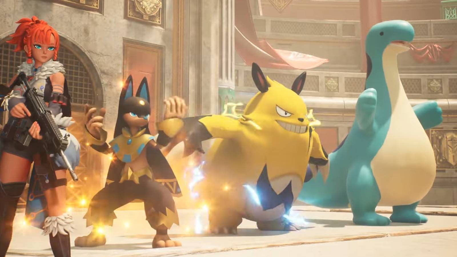 Four Palworld characters in a PvP arena