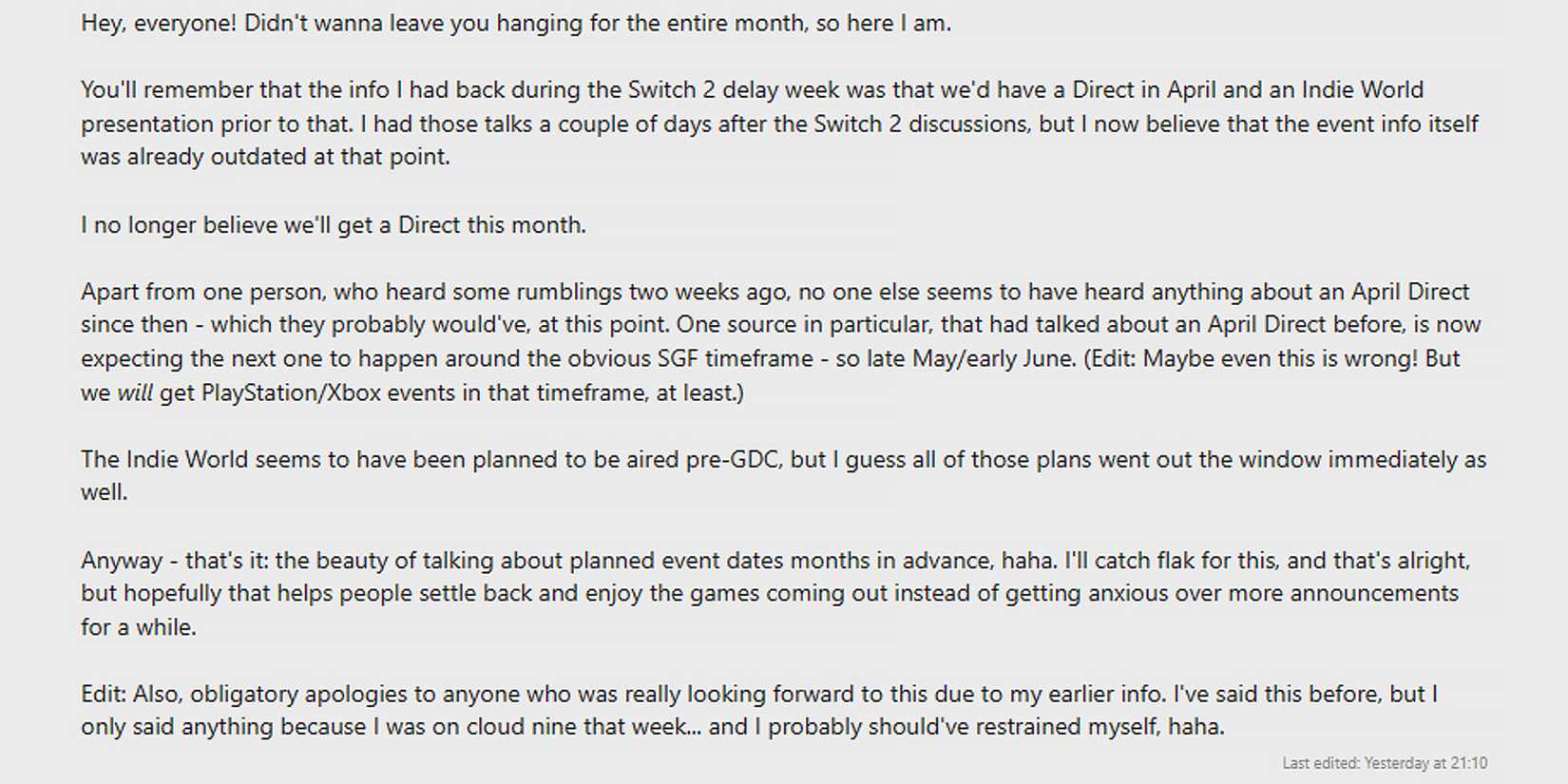 Pedro Henrique Lutti Lippe April 2024 Nintendo Direct rumor retraction Famiboards post screenshot