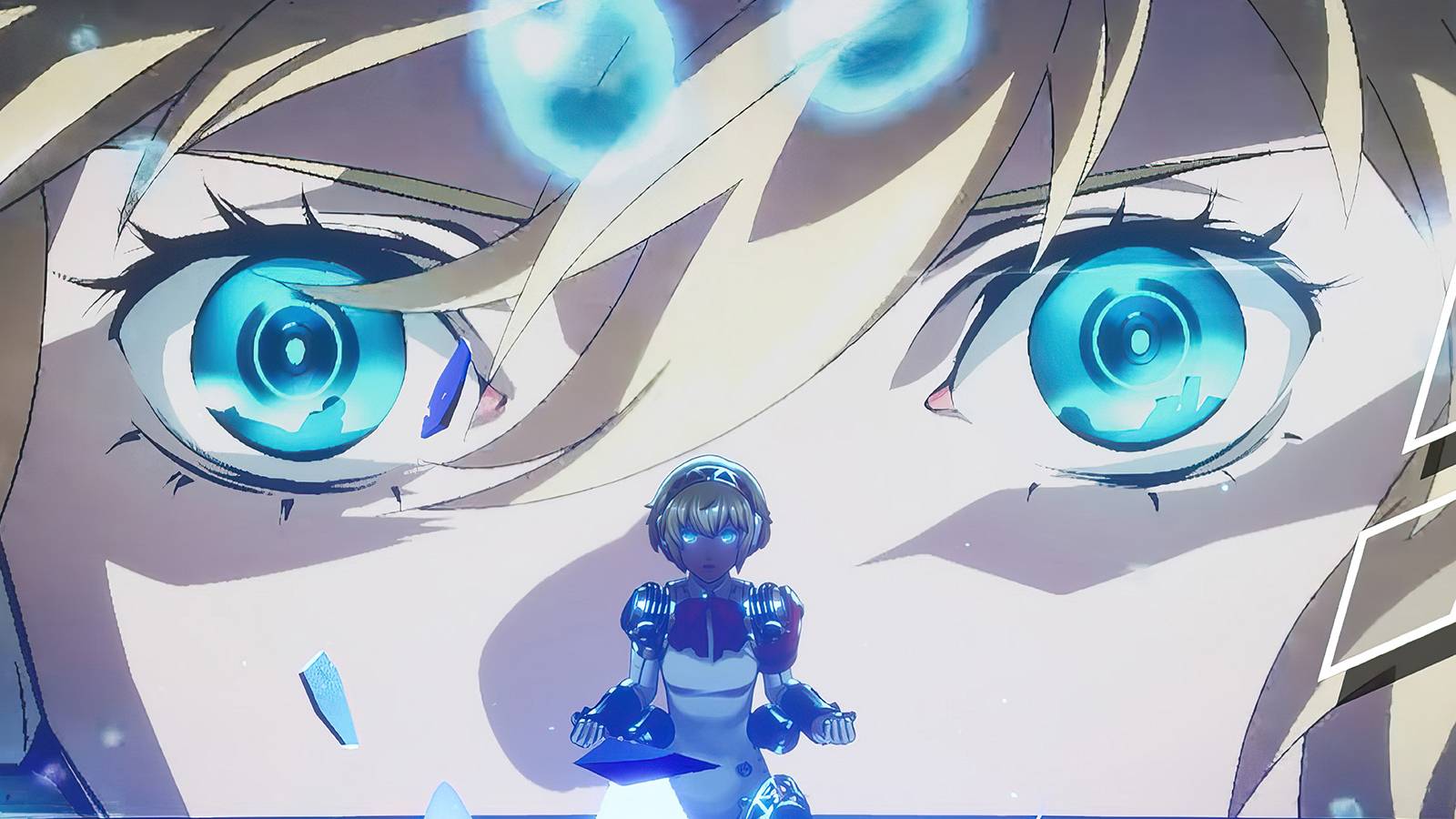 Persona 3 Reload Aigis critical hit Persona summoning freeze frame upscaled 2x1 crop