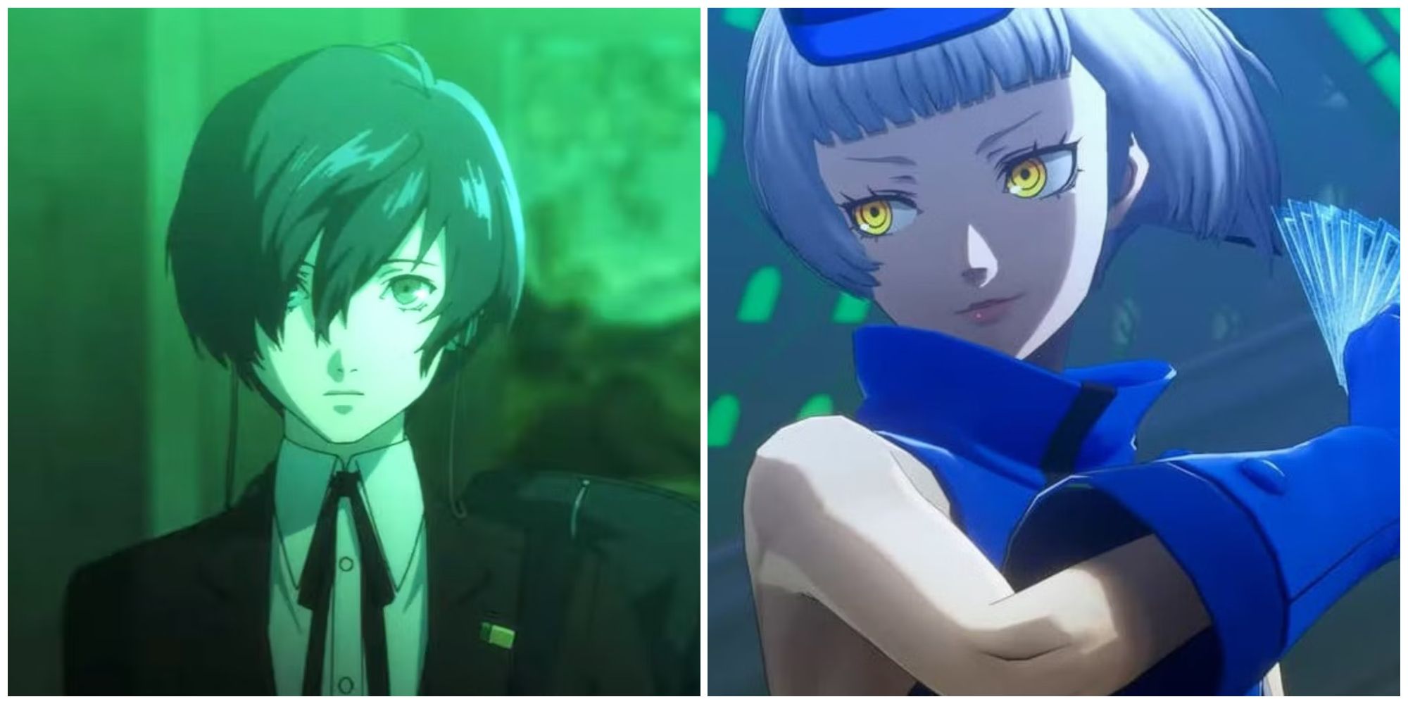 Split image of the main character in a cutscene and Elizabeth in her boss battle in Persona 3 Reload