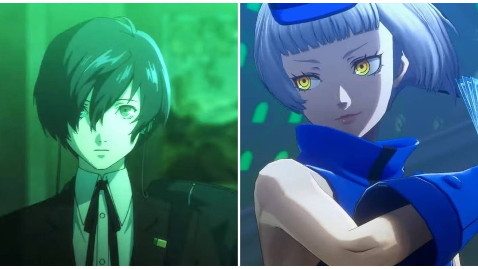 Split image of the main character in a cutscene and Elizabeth in her boss battle in Persona 3 Reload