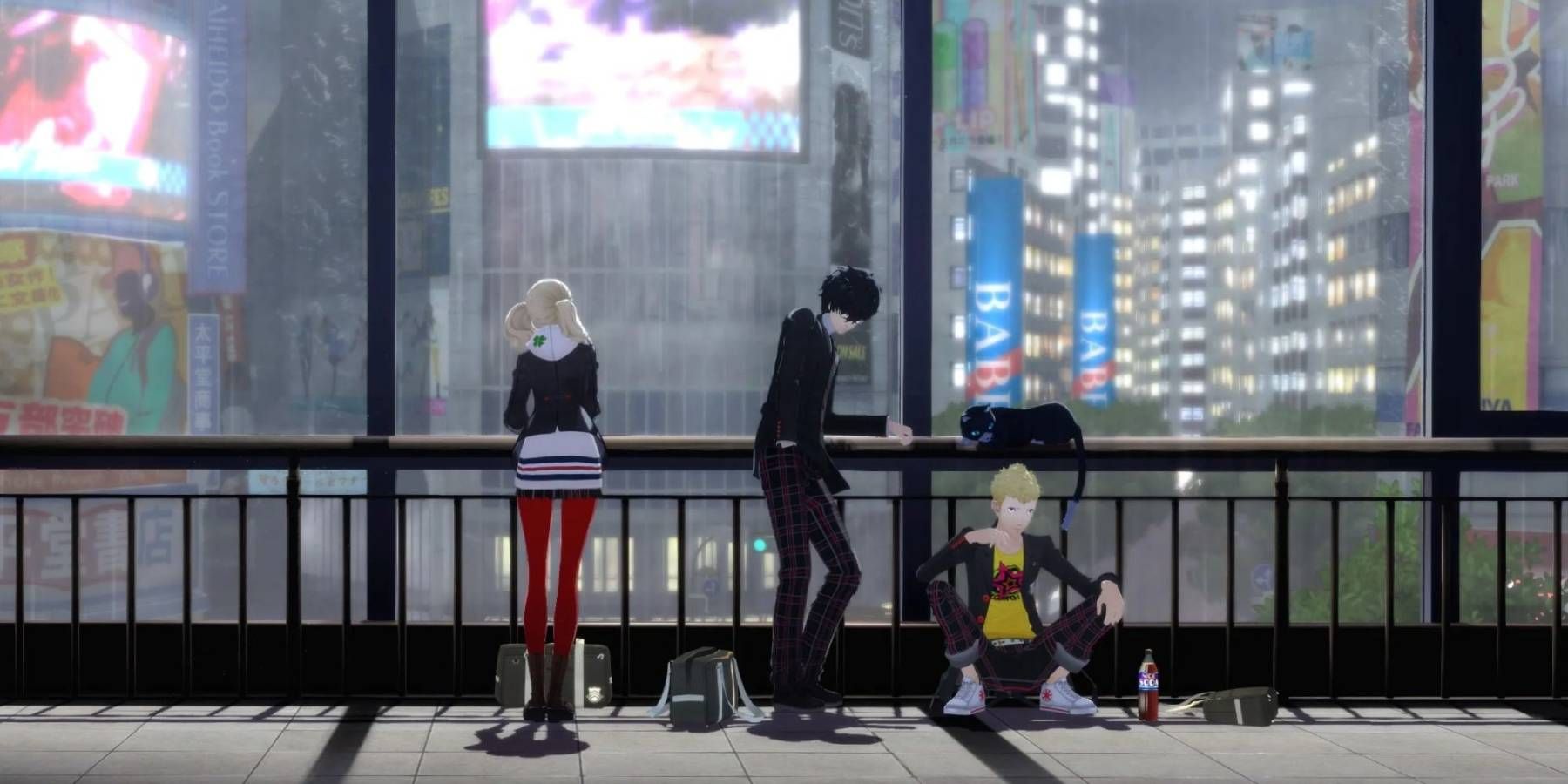 Ann, Joker, Ryuji, and Morgana watching the rain in Persona 5 Royal