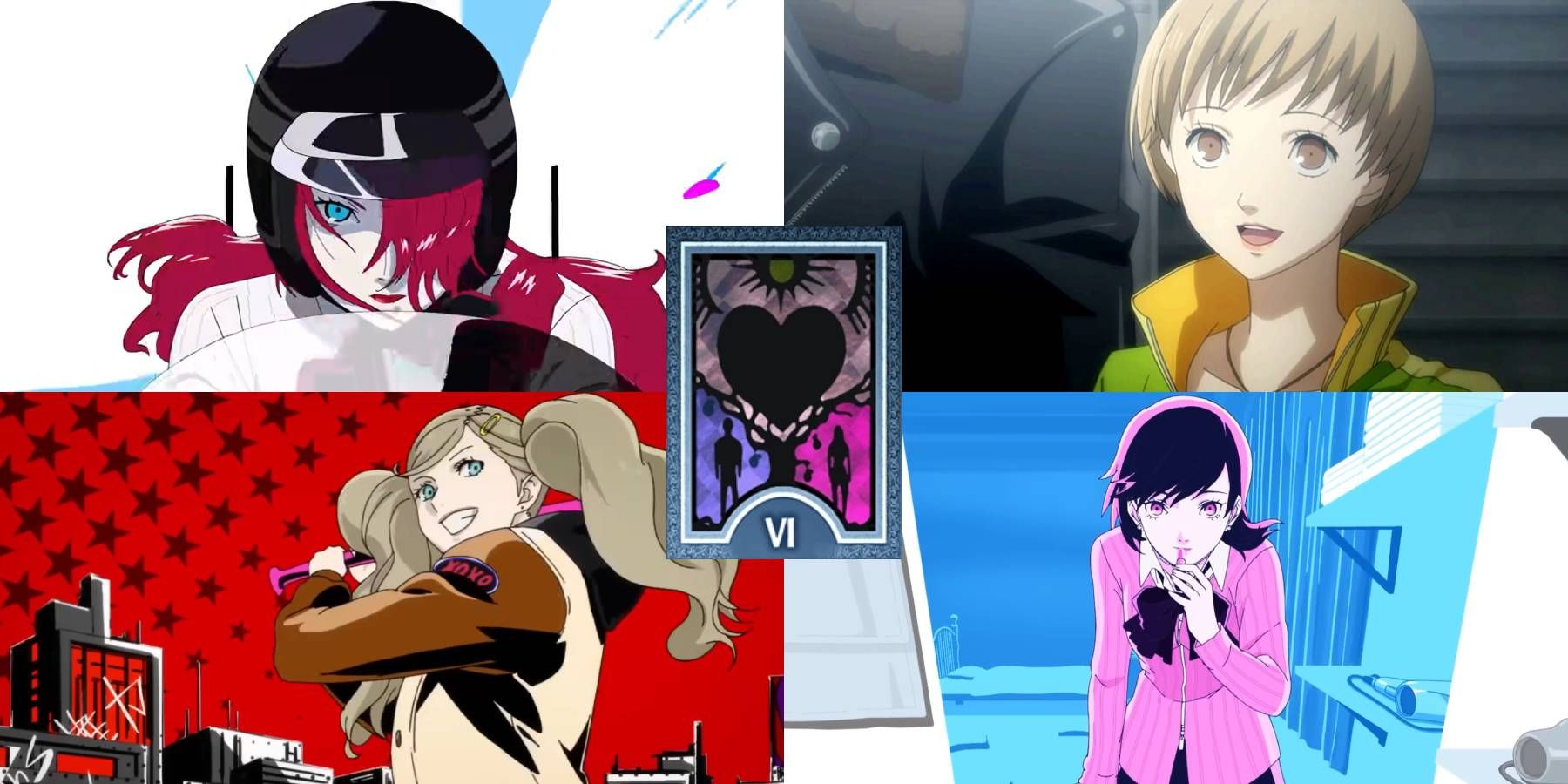 Mitsuru, Chie, Ann, and Yukari with the Lovers card from the Persona series