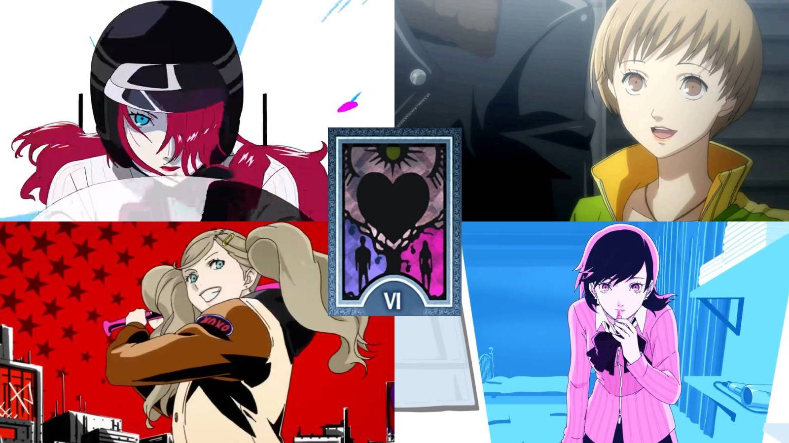 Mitsuru, Chie, Ann, and Yukari with the Lovers card from the Persona series