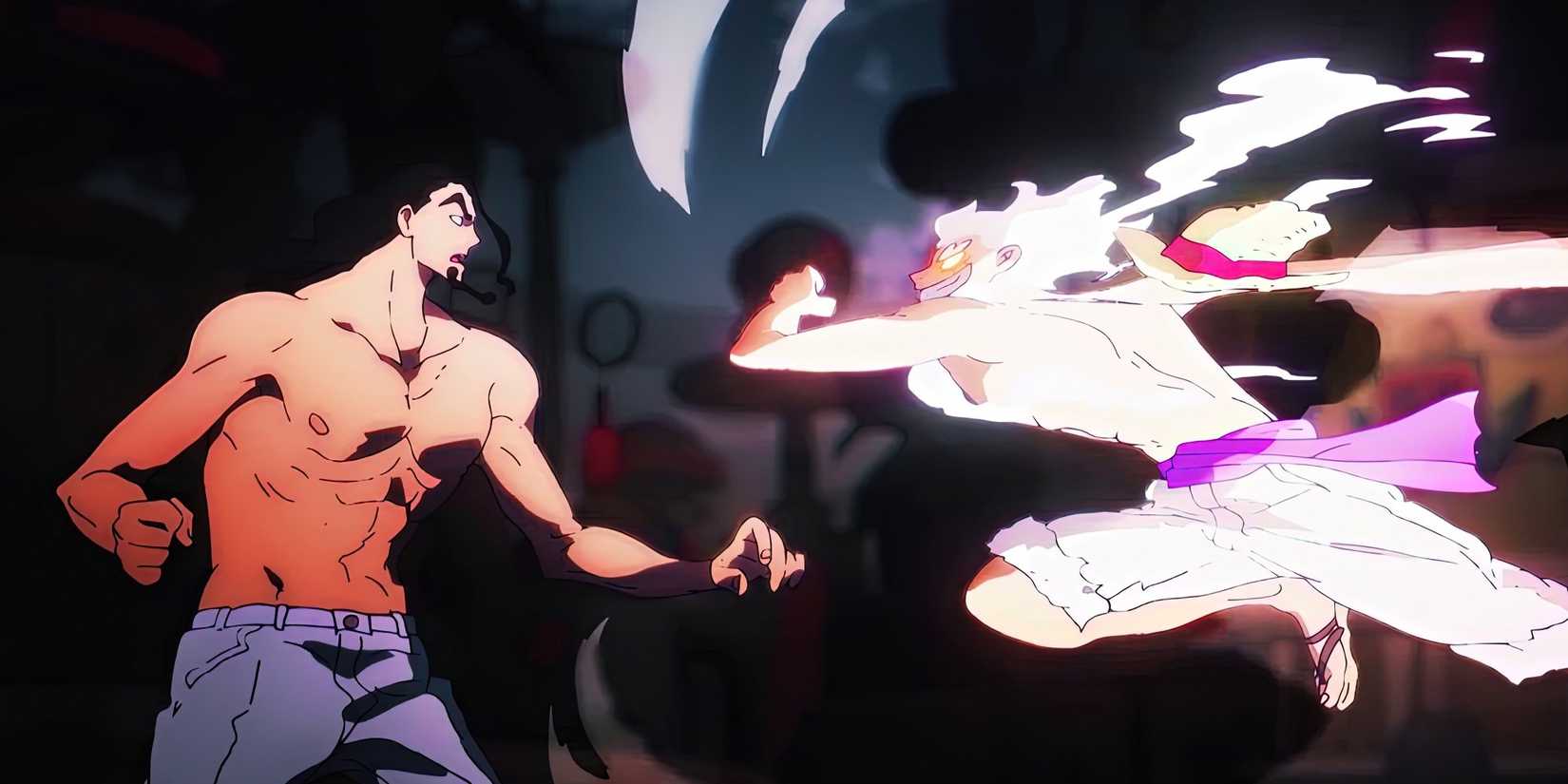A dynamic anime-style illustration depicting a confrontation between two characters. One character, shirtless and muscular, with dark hair, stands in a defensive stance. The other character, with white hair and wearing loose white clothing with a purple sash, is mid-leap, appearing to be in the midst of an attack. The background is dark and indistinct, focusing attention on the characters and the tension of the scene. Energy or motion lines suggest movement and power.