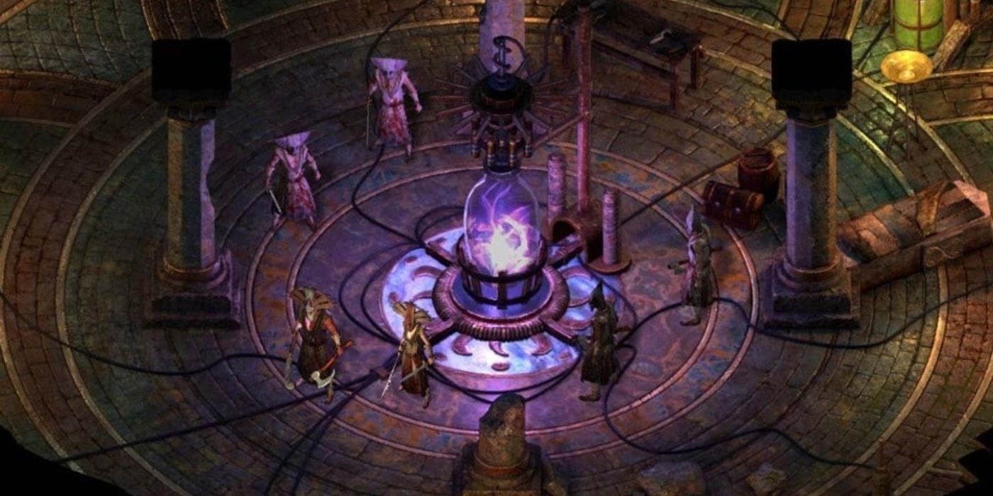 Pillars of Eternity various entities around glowing purple crystal 