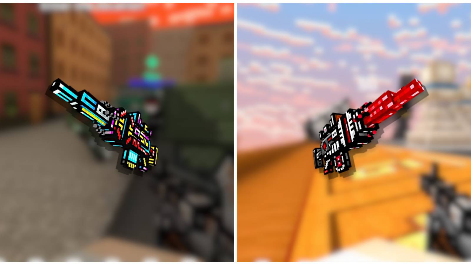 Split image of the neon skin Anti-Champion Rifle, and the regular Anti-Champion Rifle in Pixel Gun 3D