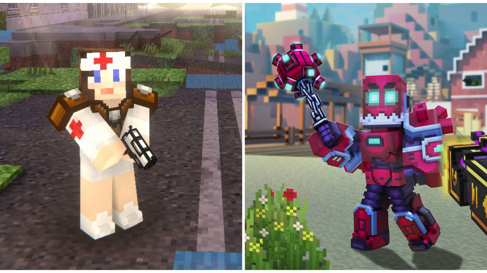 Split image of a player in the lobby and an enemy during a battle in Pixel Gun 3D