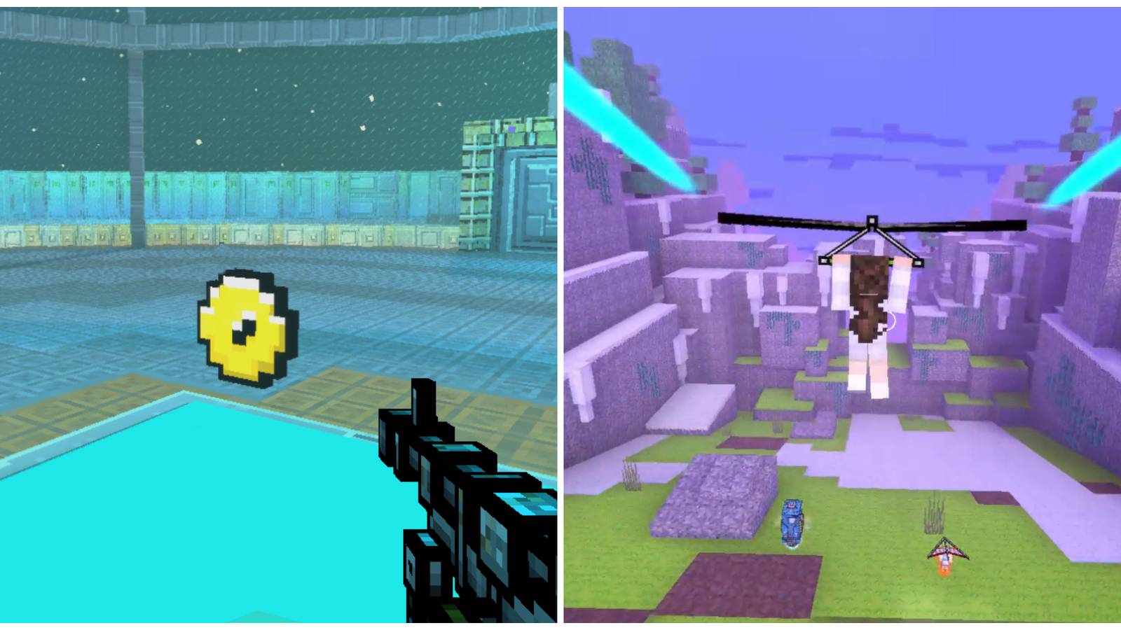 Split image of a coin and a player in the Glider Rush mini game in Pixel Gun 3D