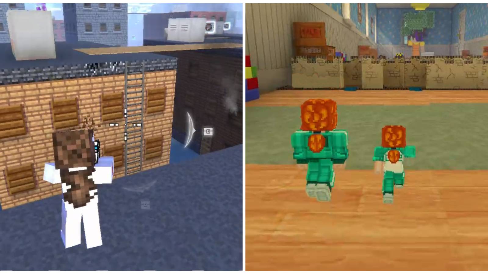 Split image of a player in a Battle Royale game and some players in Red Light in Pixel Gun 3D