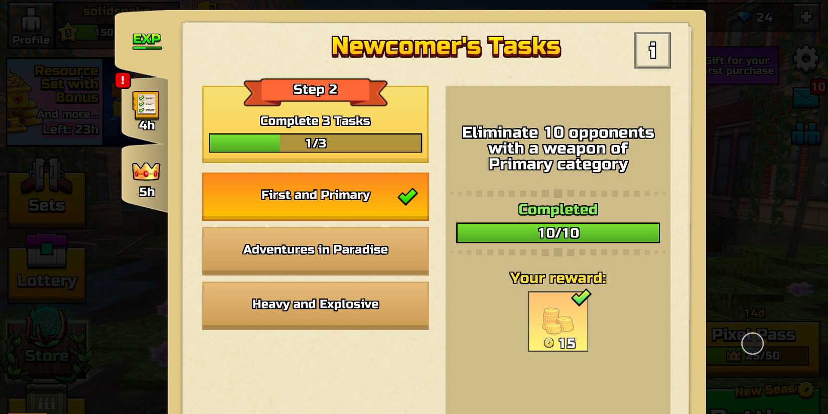 Image of the available tasks in Pixel Gun 3D