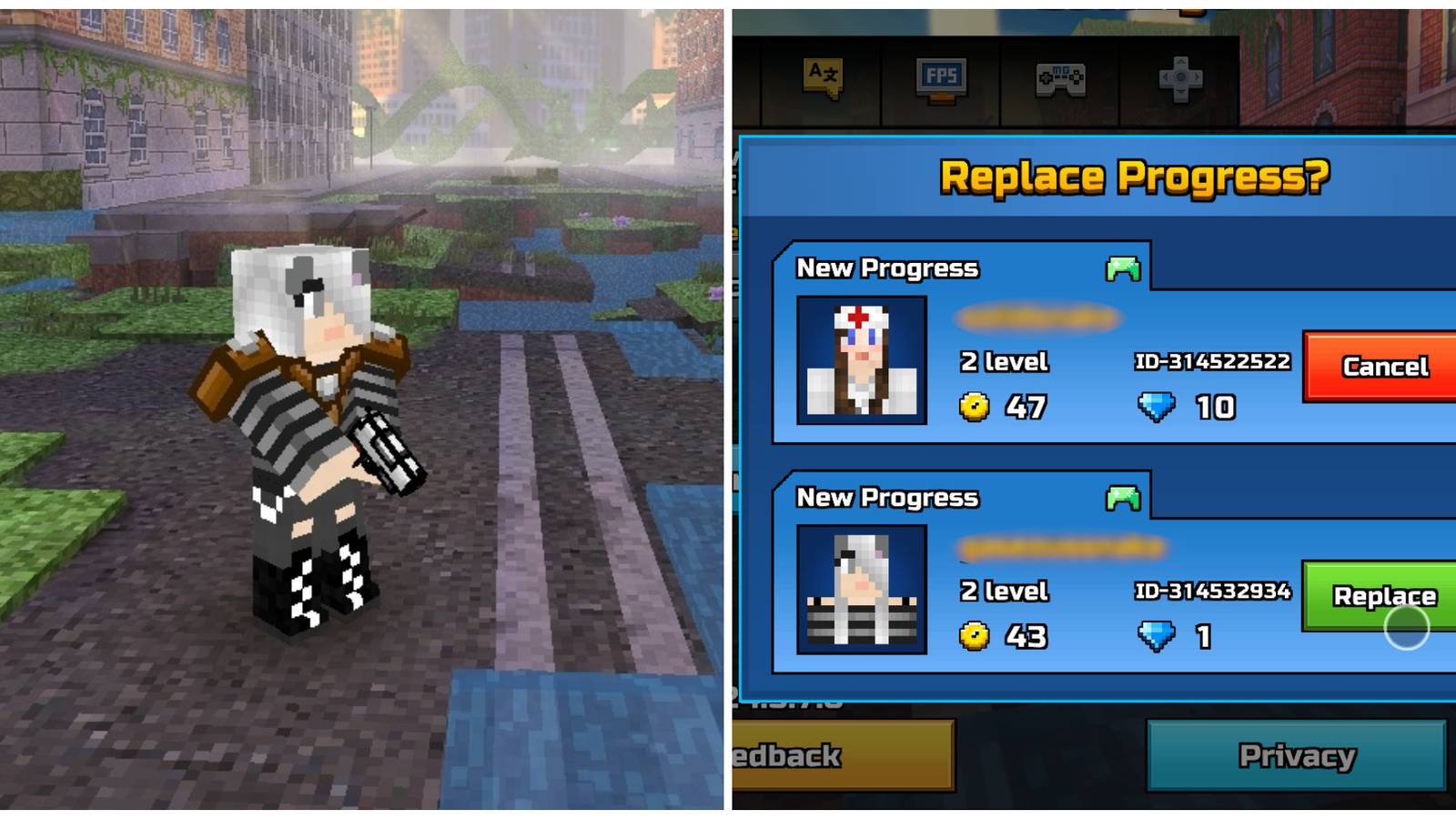 Split image of a player in the main menu and the replace account screen in Pixel Gun 3D
