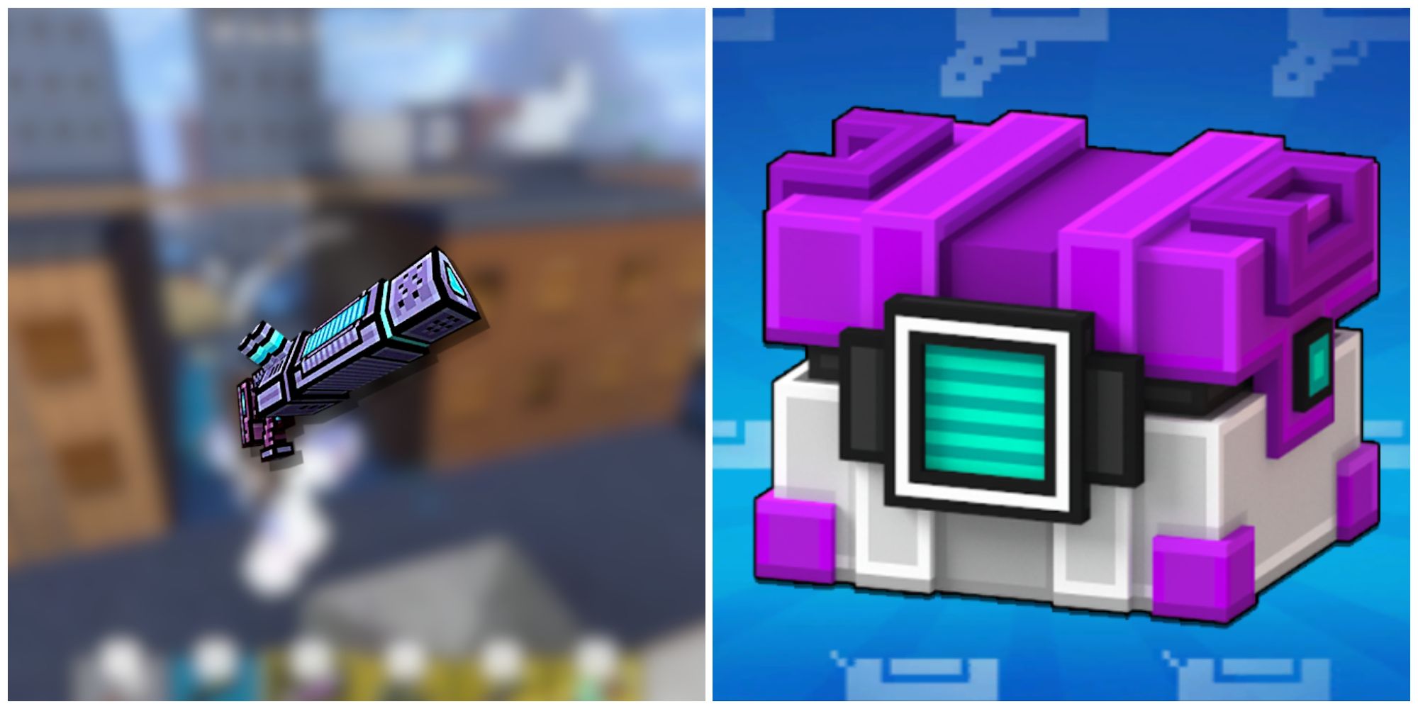 Split image of the Ultimatum weapon and a Super Chest in Pixel Gun 3D