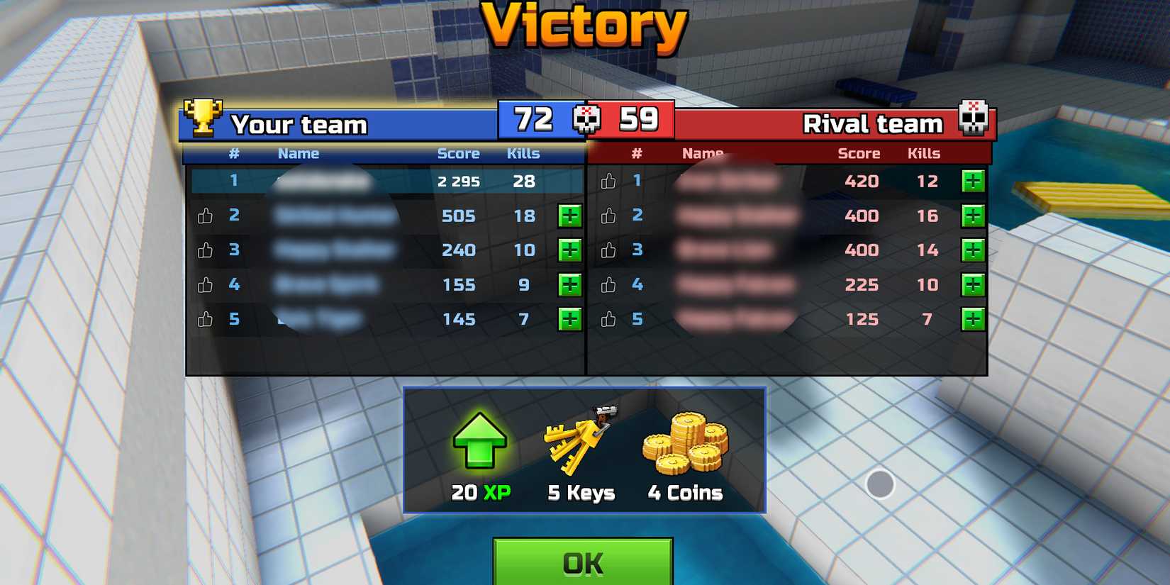 Image of a team winning the battle and receiving coins in Pixel Gun 3D