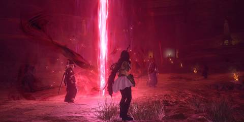 Players standing near a red beacon in Dragon's Dogma 2's Unmoored World