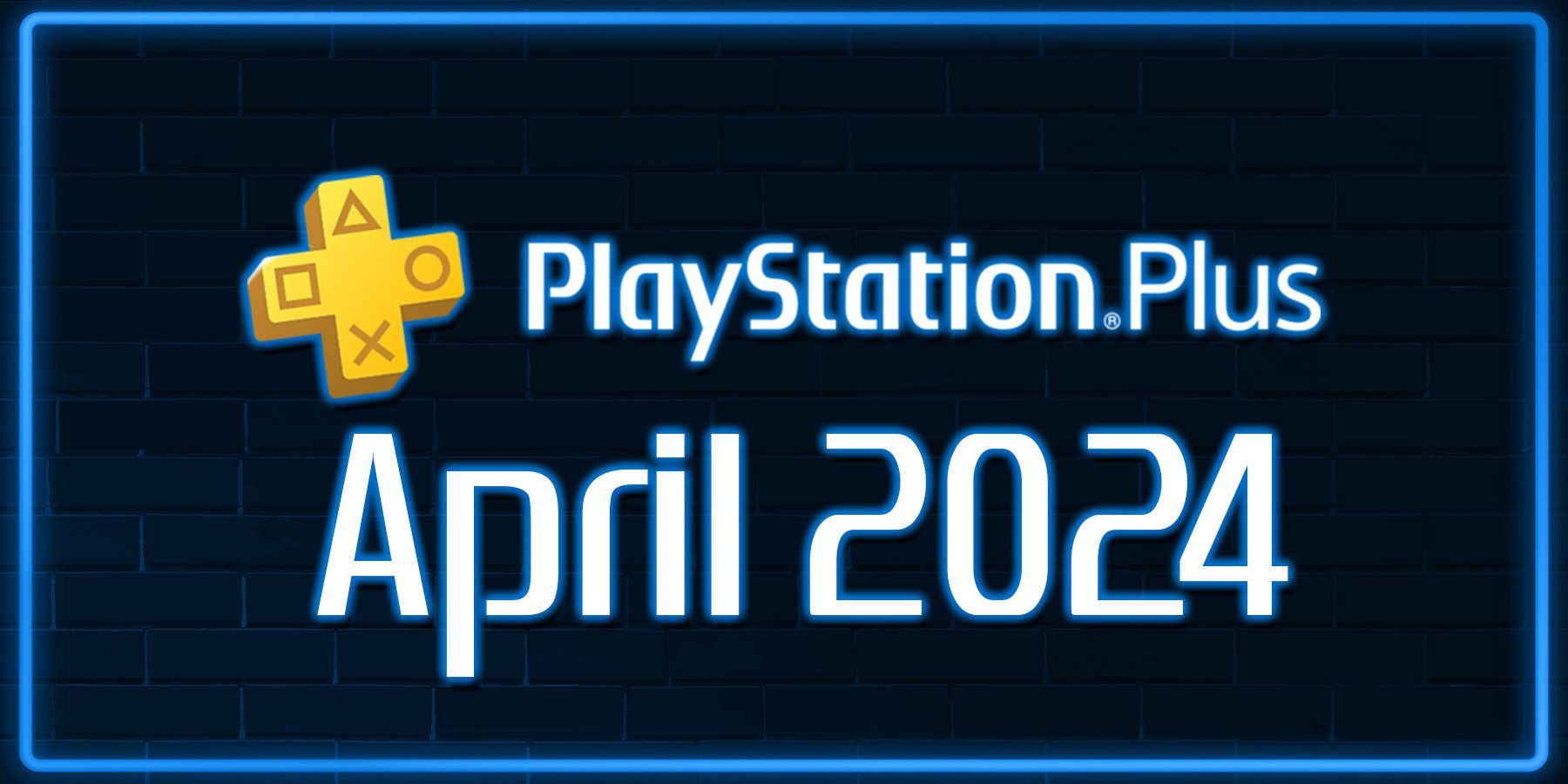 PlayStation Plus April 2024 neon lit blue sign on wall composite