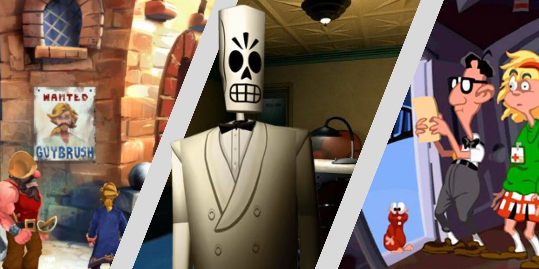 Point and Click Classics Thumbnail, Grim Fandango protagonist stands in front of backgrounds of several point and click games.