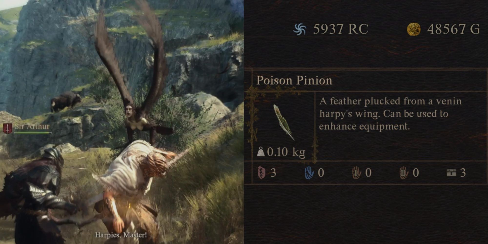 Split image showing Poison Pinion information in Dragon's Dogma 2