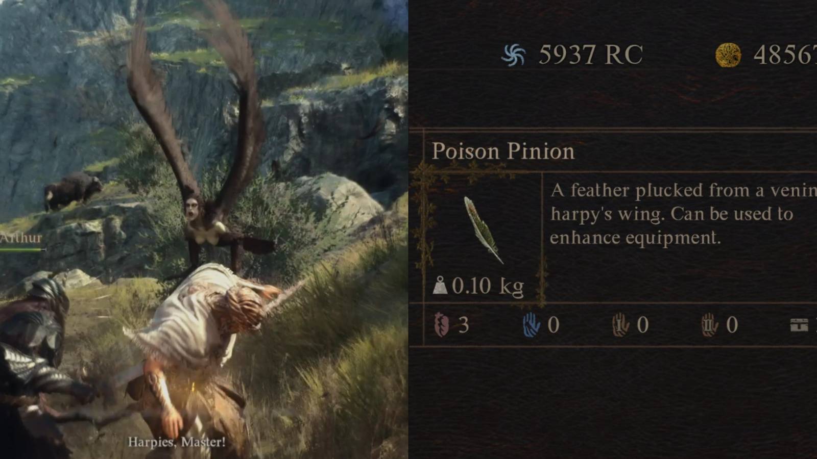 Split image showing Poison Pinion information in Dragon's Dogma 2