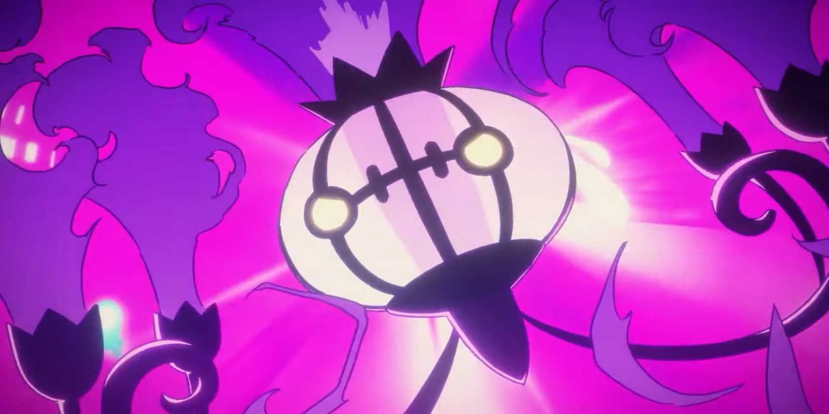 Chandelure enveloped in ghostly purple flames in Pokemon