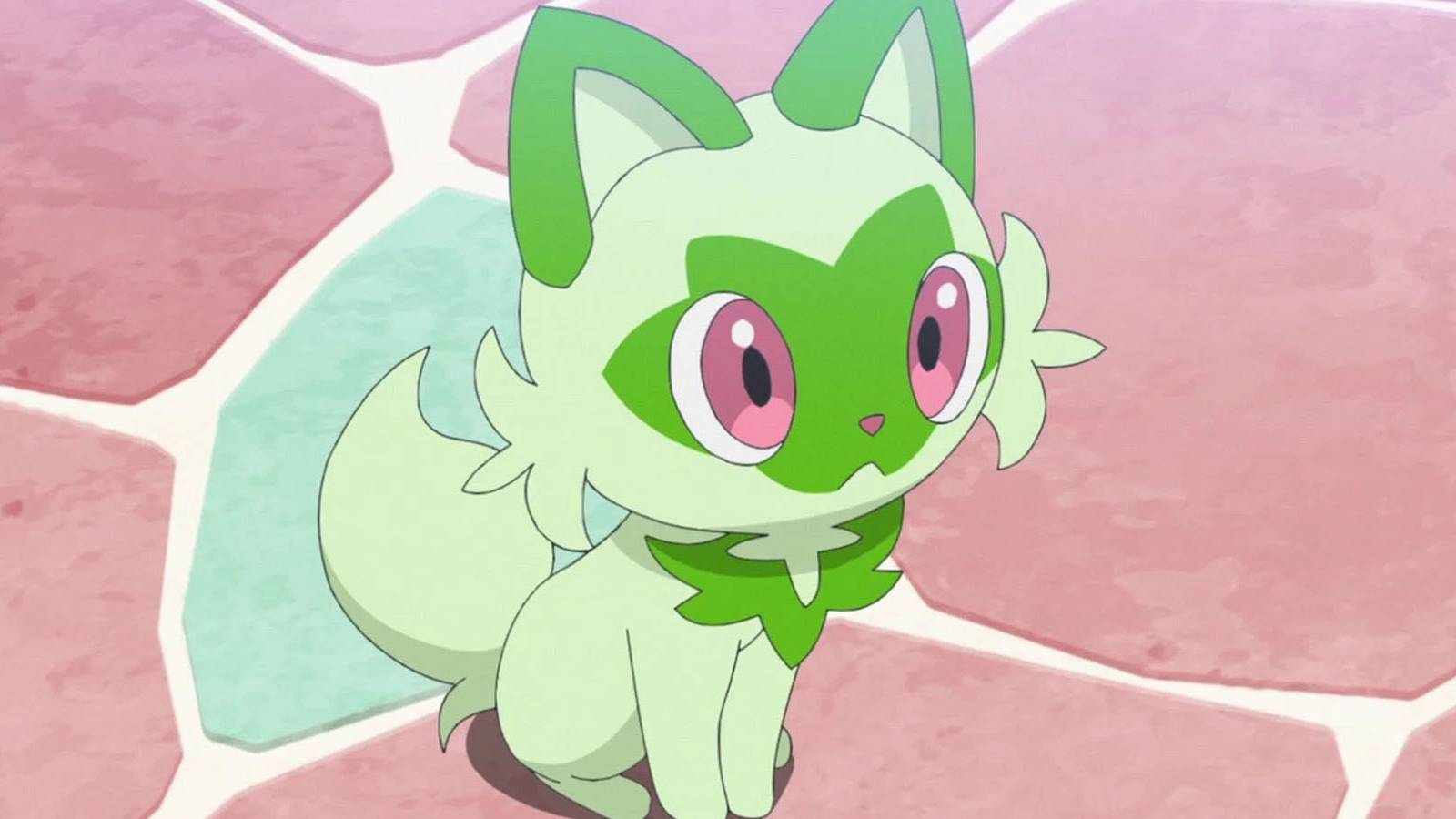 A screenshot of Sprigatito sitting on a brick floor in Pokemon Horizons: The Series.