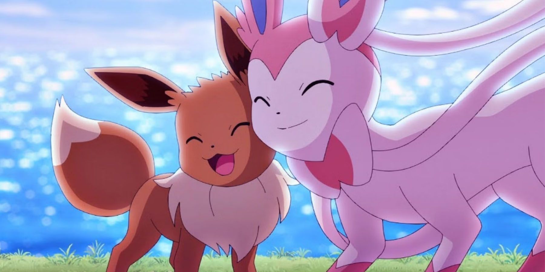 A screenshot of Eevee and Sylveon in the Pokemon anime.