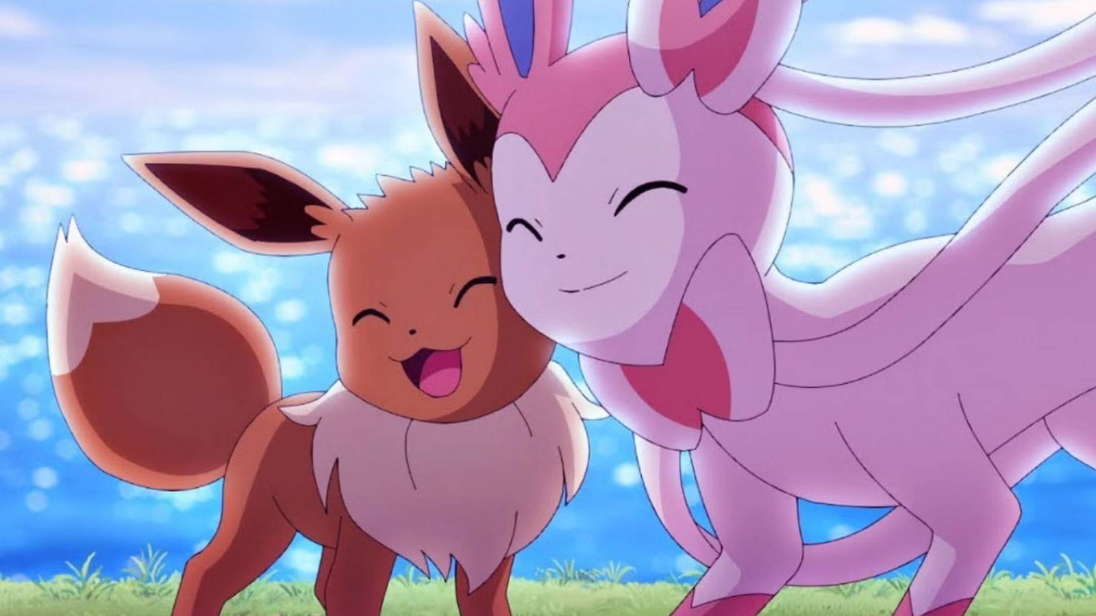 A screenshot of Eevee and Sylveon in the Pokemon anime.