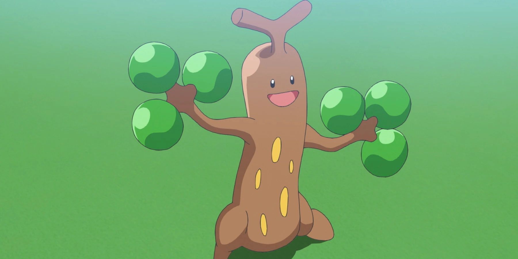 A screenshot of a Sudowoodo standing in a grassy green field in the Pokemon anime.