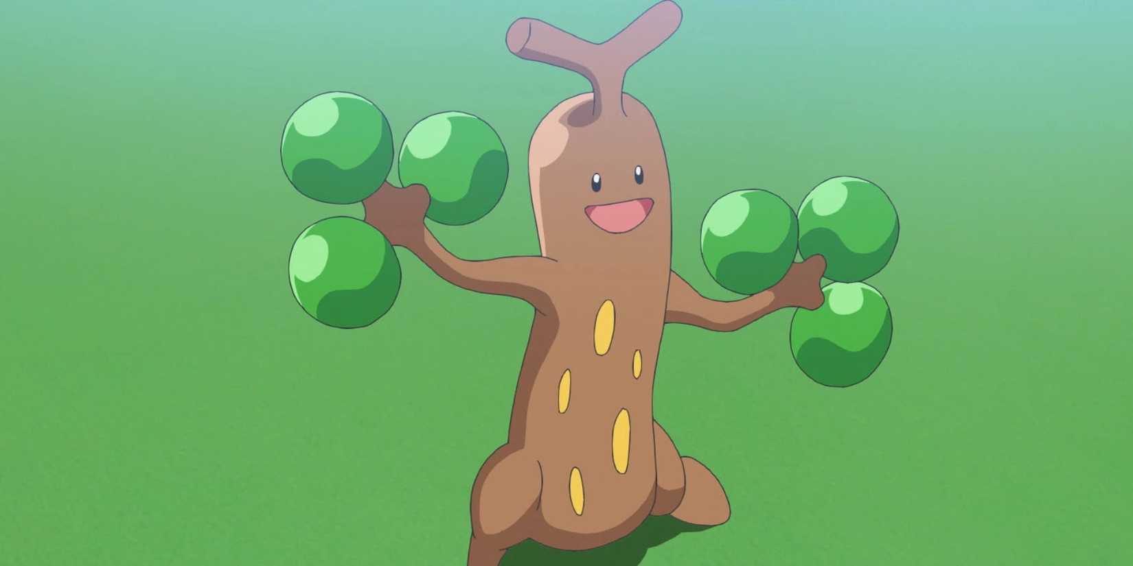 A screenshot of a Sudowoodo standing in a grassy field in the Pokemon anime.