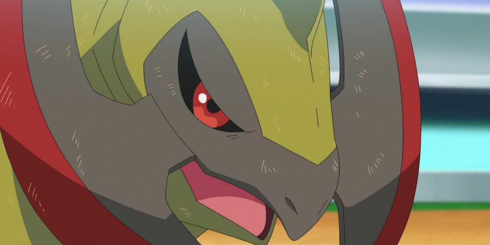 A close-up of Haxorus' face in the Pokemon anime