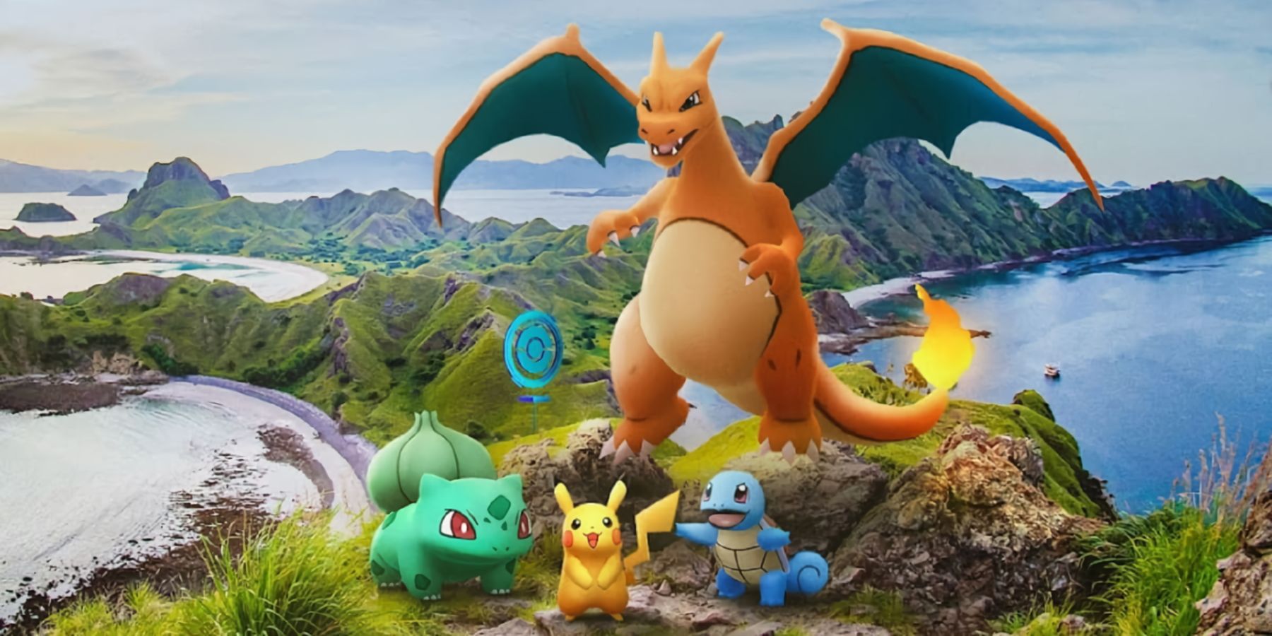 A key visual from Pokemon GO showcasing Pikachu, Bulbasaur, Charizard, and Squirtle.