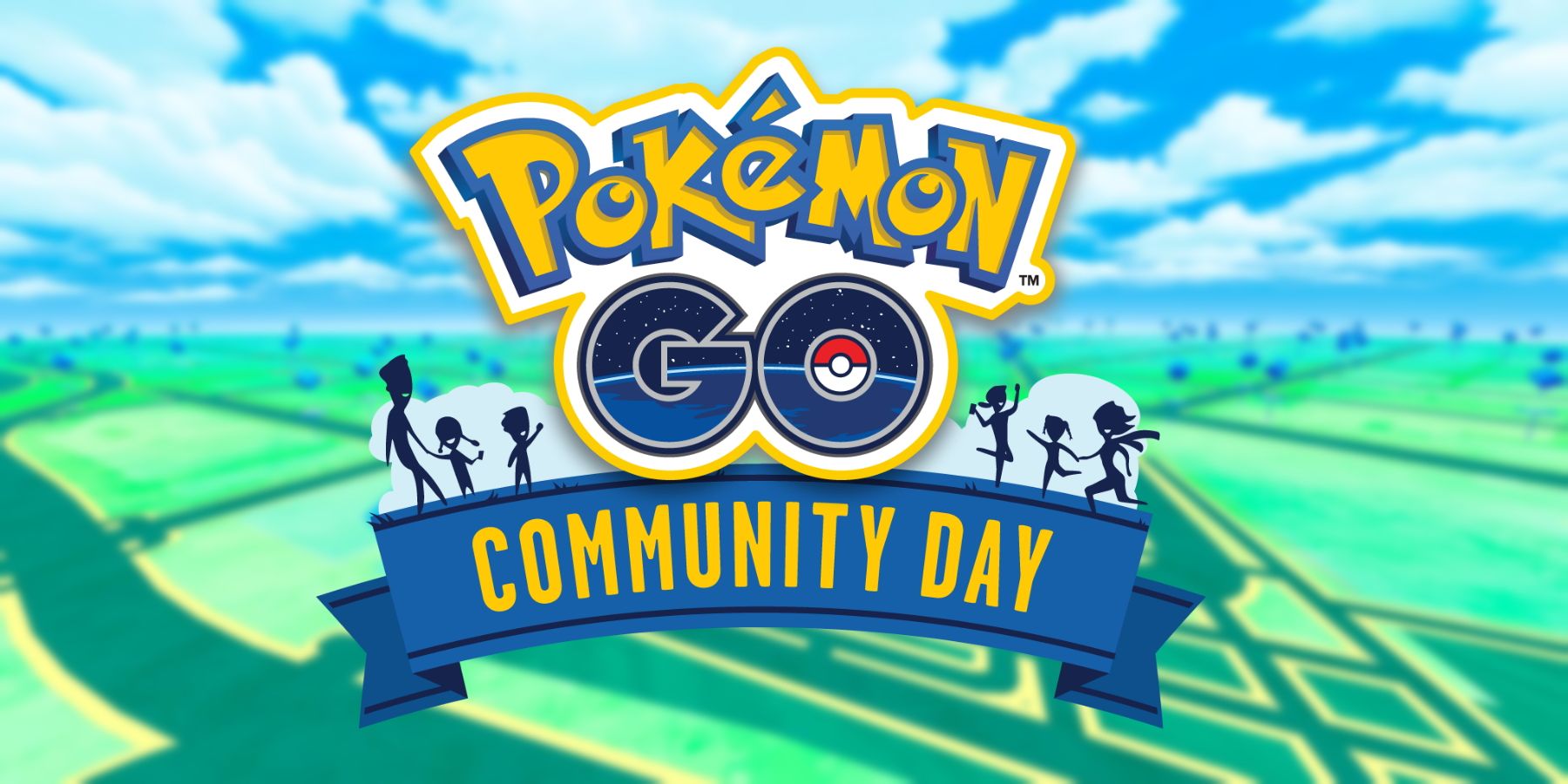 A blurred image of a Pokemon GO Map overlayed with the Pokemon GO Community Day logo.