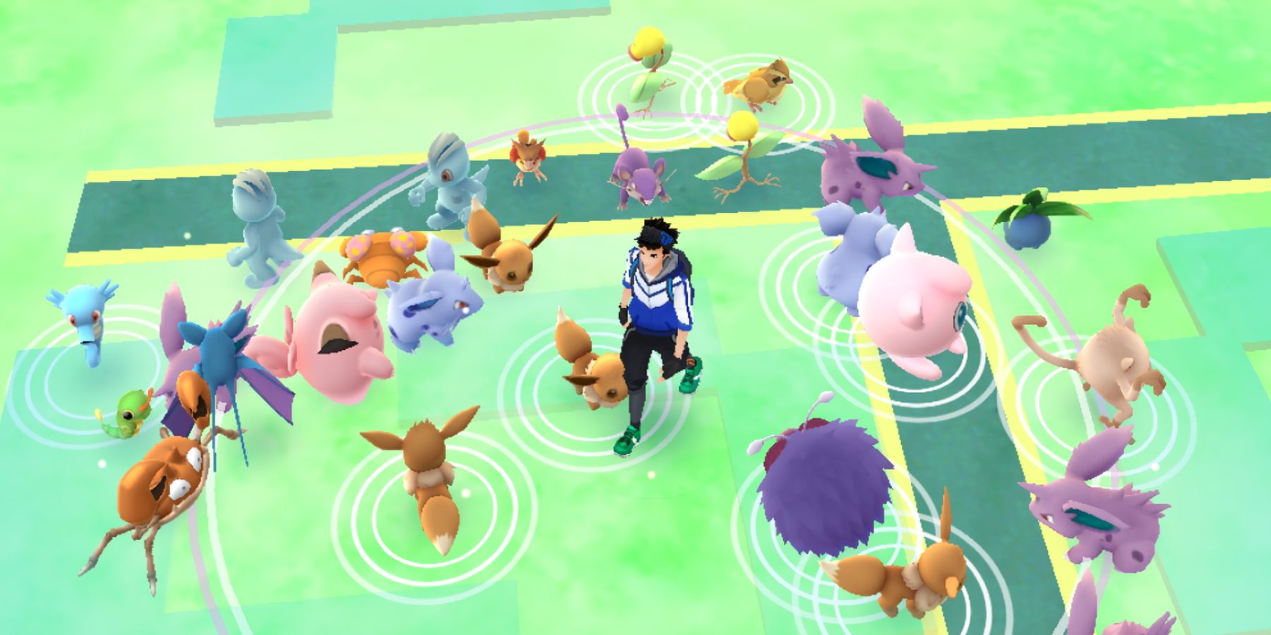 A screenshot from Pokemon GO showing a player character surrounded by several wild Pokemon.
