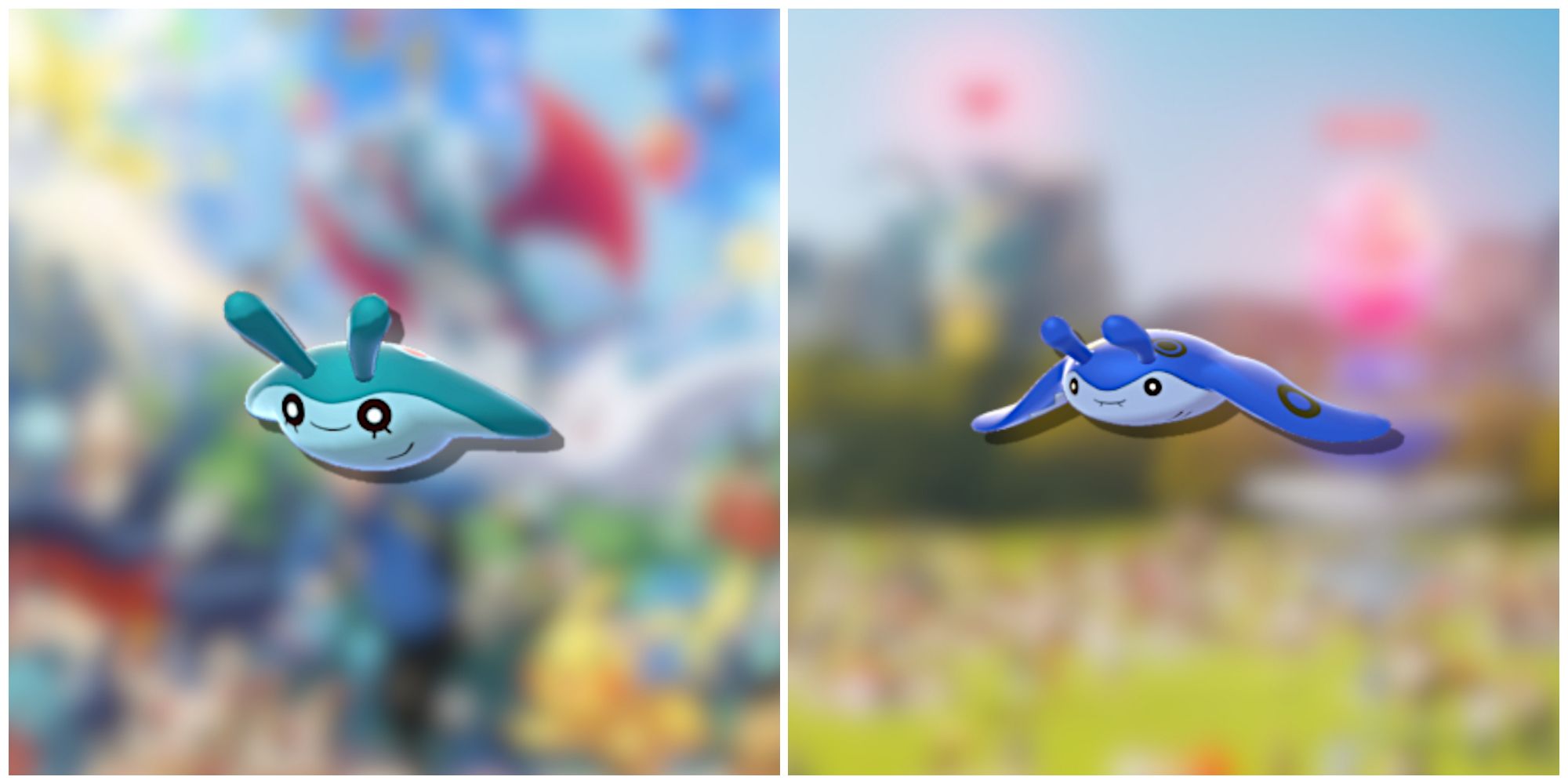Split image of Shiny Mantyke and Shiny Mantine from Pokemon GO