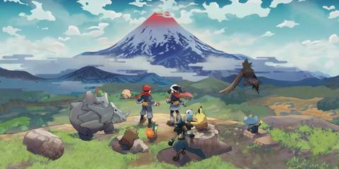 A promotional image of various characters looking toward a volcano in the horizon inPokemon Legends: Arceus.
