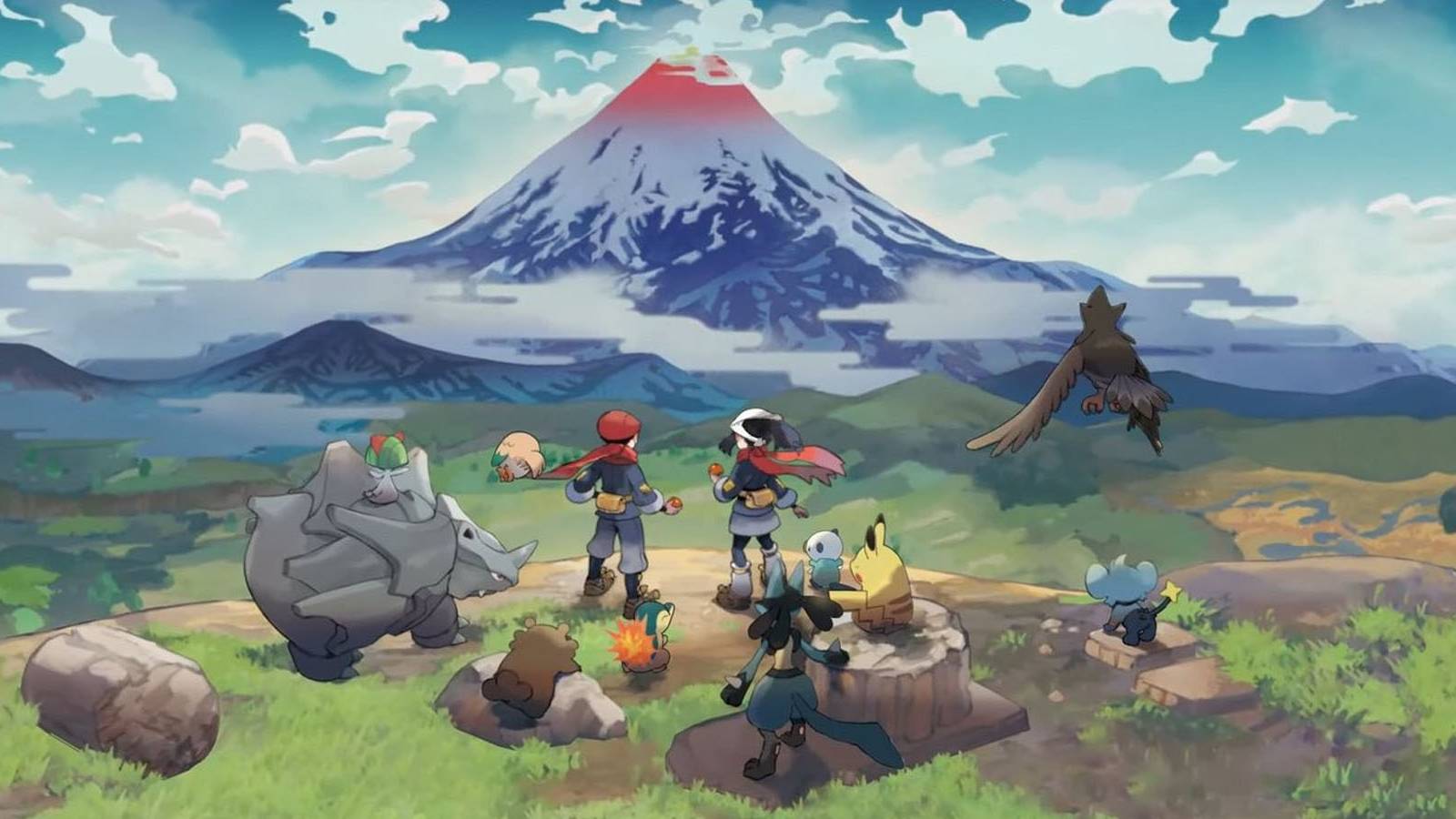 A promotional image of various characters looking toward a volcano in the horizon inPokemon Legends: Arceus.