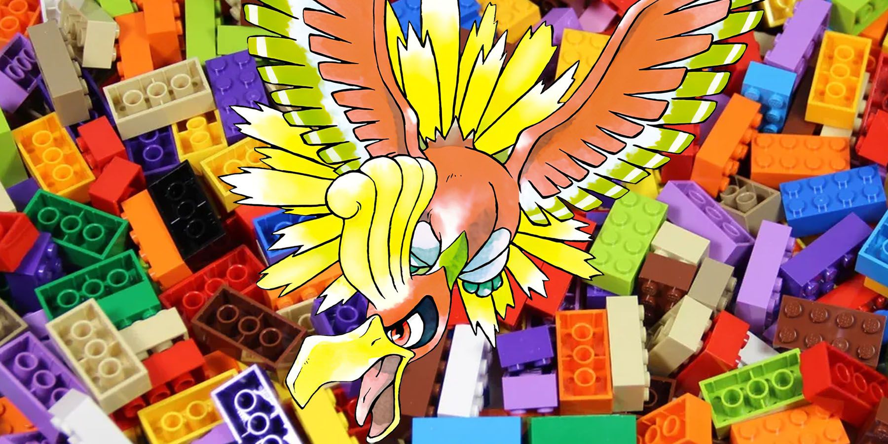 An image of Pokemon Gold's Ho-Oh placed in front of a pile of LEGO bricks.