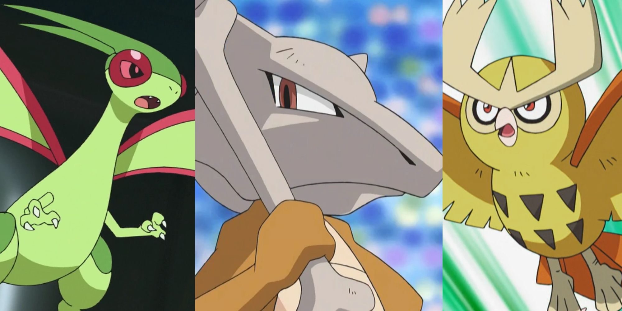 Flygon in the air; Marowak holding a bone; Shiny Noctowl flying