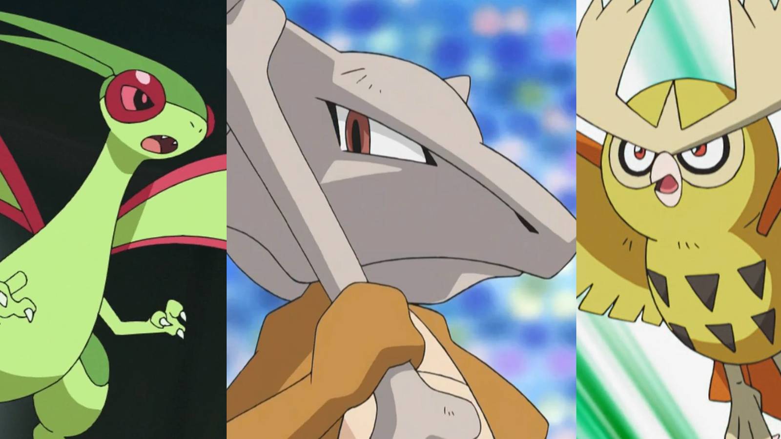 Flygon in the air; Marowak holding a bone; Shiny Noctowl flying