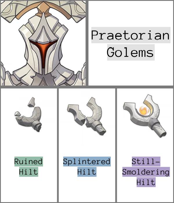 Praetorian Golems and their drops, ruined hilt, splintered hilt, and still-smoldering hilt