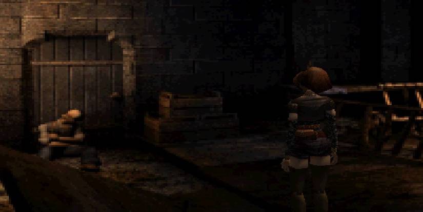 koudelka approaching a door and body slumped against it