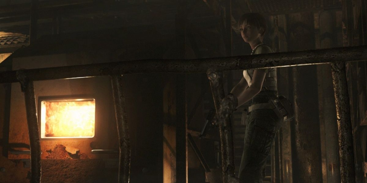 rebecca standing behind a railing in resident evil zero